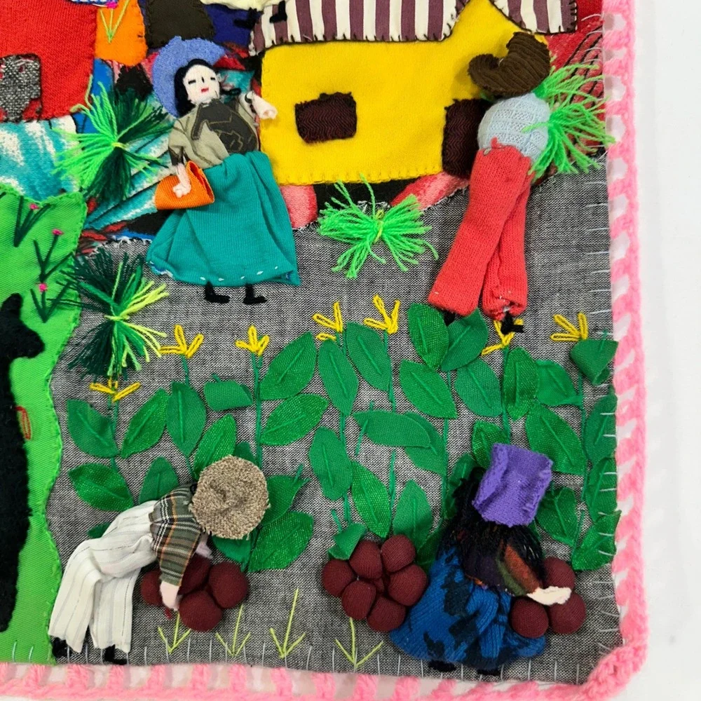 Vintage Peruvian Arpillera Cosecha Wall Hanging 20x20 Multicolor 3D Folk Art
